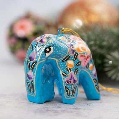 Blauer Ternion-Elefant aus Pappmaché zum Aufhängen als Weihnachtsbaumschmuck