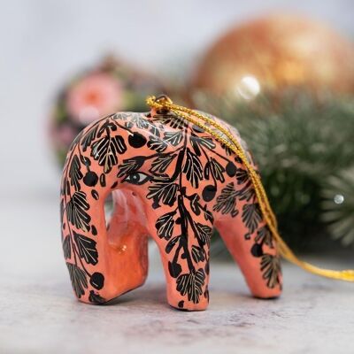 Hängender Weihnachtsbaumschmuck aus Pappmaché mit Blumenelefanten in Schwarz und Rosa