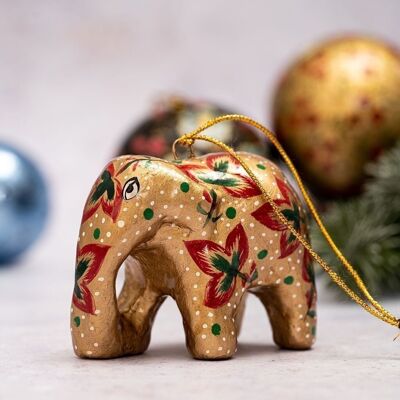 Decoración colgante de árbol de Navidad de papel maché con elefante de tres hojas doradas