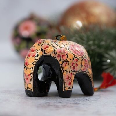 Rosa russischer Blumenelefant aus Pappmaché zum Aufhängen als Weihnachtsbaumschmuck