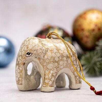 Weißer Rauchkiesel-Design Elefant aus Pappmaché zum Aufhängen als Weihnachtsbaumschmuck