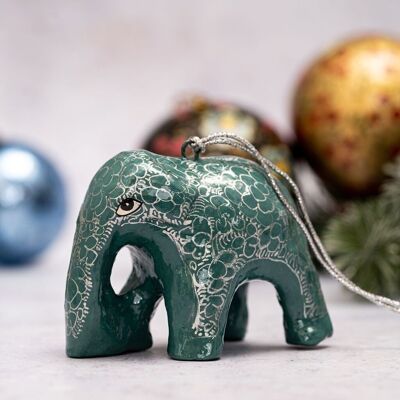 Meeresgrüner Kieselstein-Design-Elefant aus Pappmaché zum Aufhängen als Weihnachtsbaumschmuck