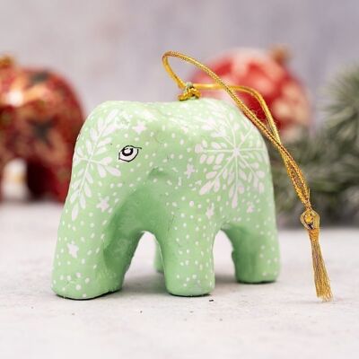 Decoración colgante de árbol de Navidad de papel maché con elefante y copo de nieve de menta