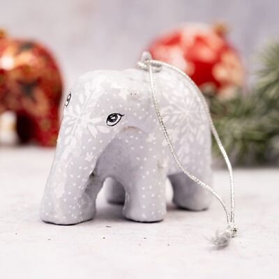 Decorazione per albero di Natale da appendere in cartapesta con elefante con fiocco di neve grigio