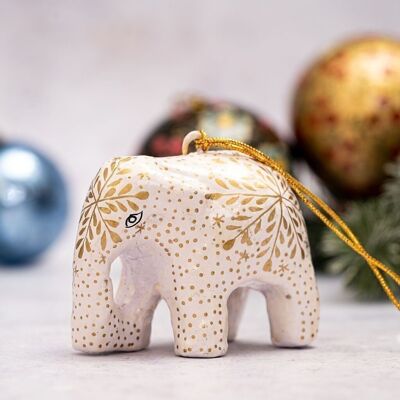 Weiße Schneeflocken-Elefant-Weihnachtsbaumdekoration aus Pappmaché zum Aufhängen