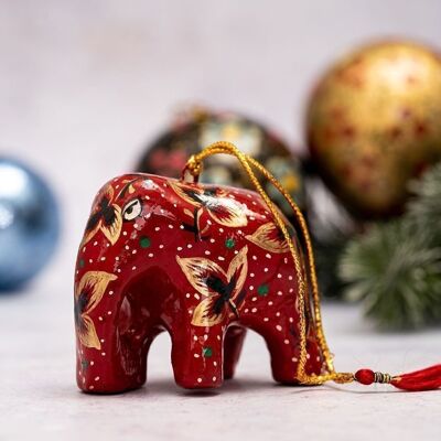 Dreiblättriger Elefant aus Pappmaché in Rot und Gold zum Aufhängen für den Weihnachtsbaum