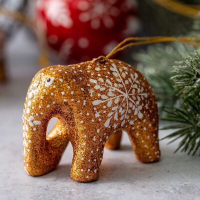 Decorazione per albero di Natale da appendere in cartapesta con elefante con fiocco di neve glitter oro