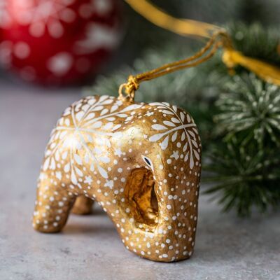Decorazione per albero di Natale da appendere in cartapesta con elefante con fiocco di neve in oro opaco