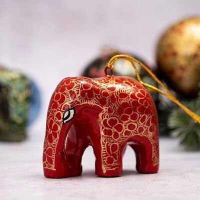 Decoración colgante para árbol de Navidad con papel maché de elefante con diseño de guijarros rojos