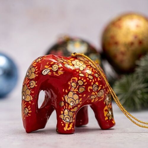 Red & Gold Clover Leaf Elephant Paper-mache Hanging Christmas Tree Decoration