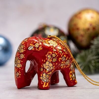 Decoración colgante de árbol de Navidad de papel maché con elefante de hoja de trébol rojo y dorado