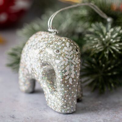 Decorazione per albero di Natale da appendere in cartapesta con elefante con fiocco di neve glitter argento