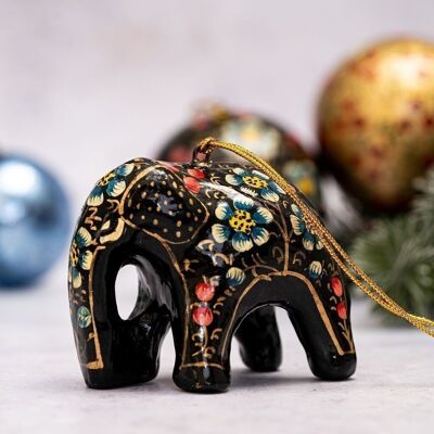 Décoration d'arbre de Noël suspendue en papier mâché avec éléphant floral noir indien