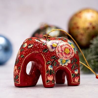 Décoration d'arbre de Noël suspendue en papier mâché avec éléphant floral indien rouge
