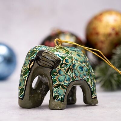 Türkis-grüner, floraler Elefanten-Weihnachtsbaumschmuck aus Pappmaché zum Aufhängen