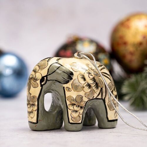 Grey Floral Elephant Paper-mache Hanging Christmas Tree Decoration