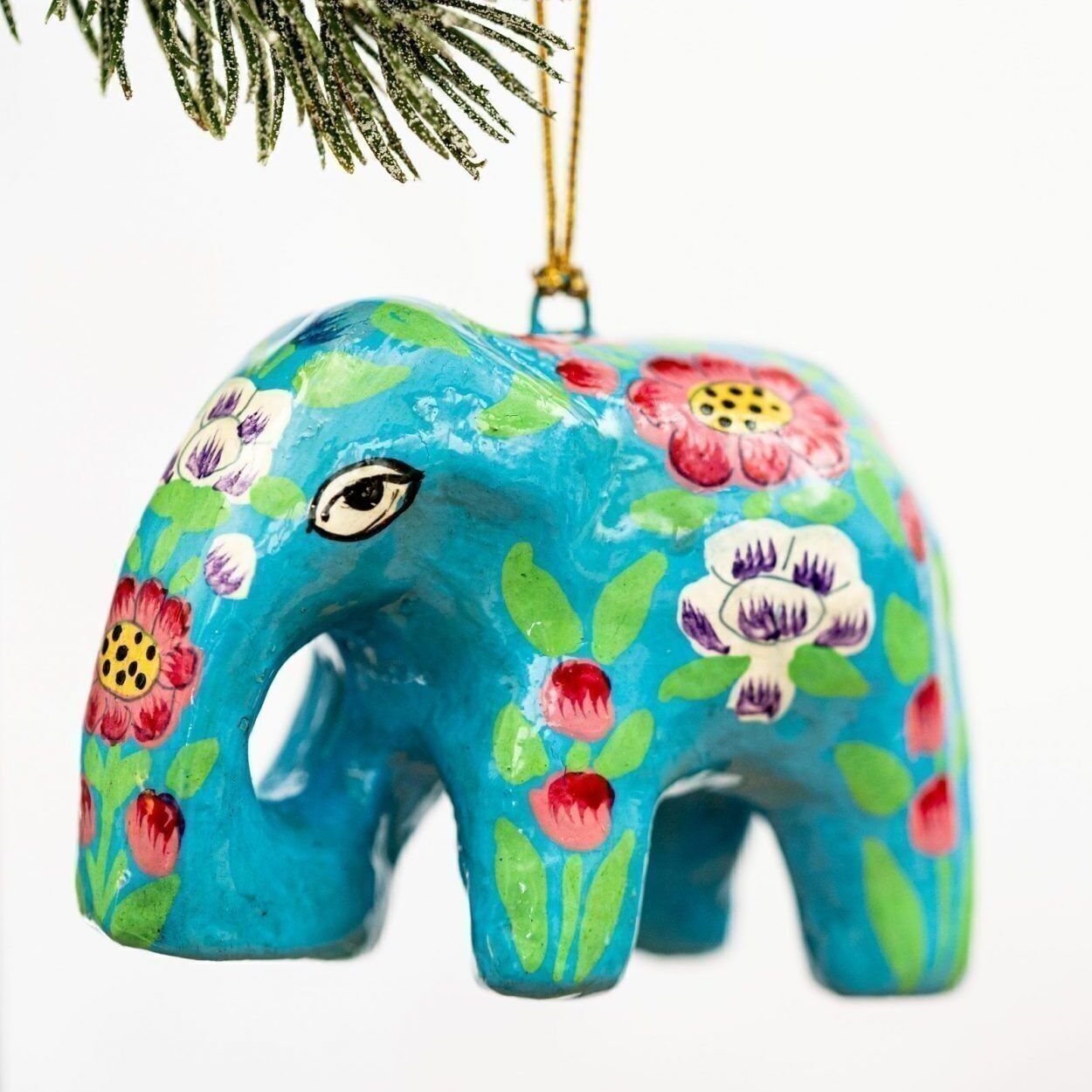 Decorazione per albero di Natale da appendere in cartapesta con elefante floreale turchese indiano