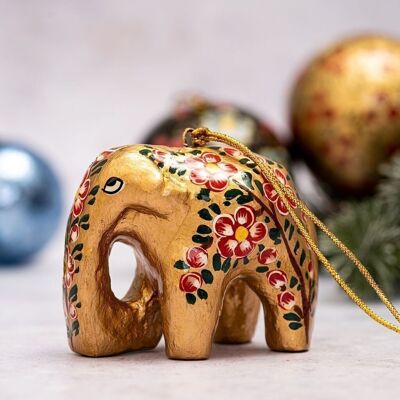 Gold With Red Flower Elephant Paper-mache Hanging Christmas Tree Decoration