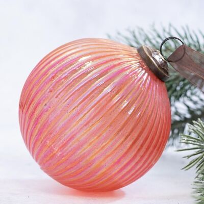4" Peach Rainbow Ribbed Ball Large Glass Christmas Ornament