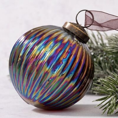 Ornamento natalizio in vetro grande con sfera a coste arcobaleno da 4 pollici