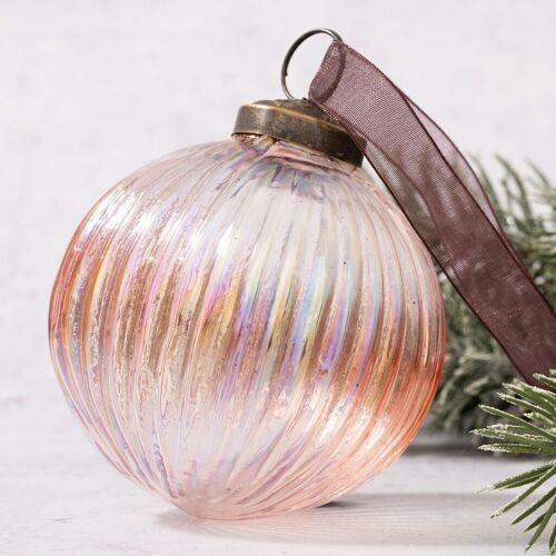 4" Rose Rainbow Ribbed Ball Large Glass Christmas Ornament