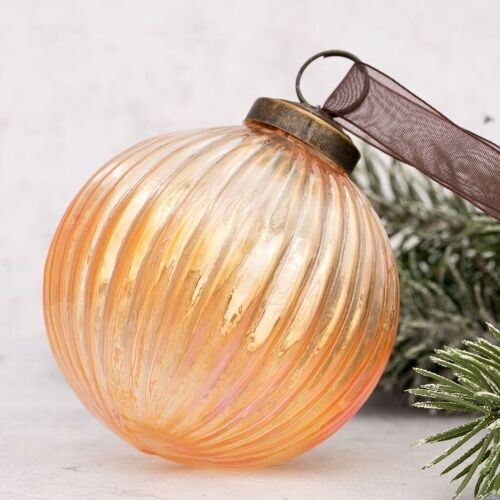 4" Champagne Rainbow Ribbed Ball Large Glass Christmas Ornament