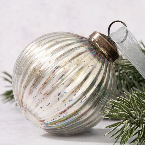 4" Silver Rainbow Ribbed Ball Large Glass Christmas Ornament
