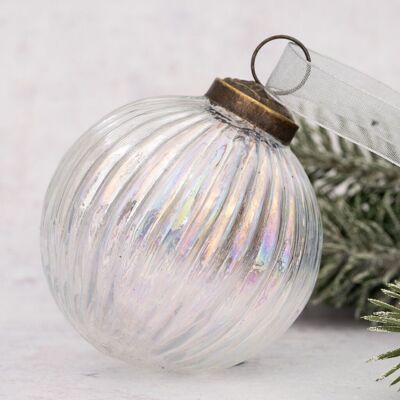 4" Clear Rainbow Ribbed Ball Glass Christmas Ornament