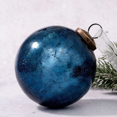 Adorno colgante para árbol de Navidad de cristal craquelado de color azul marino antiguo de 4"