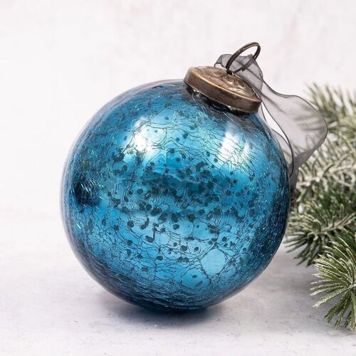 4" Extra Large Teal Crackle Christmas Bauble