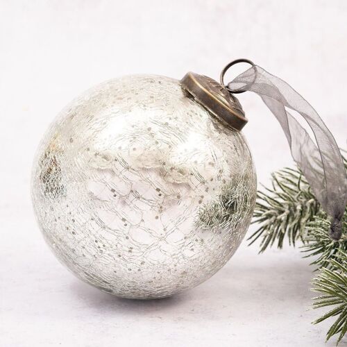 4" Silver Crackle Glass Christmas Bauble