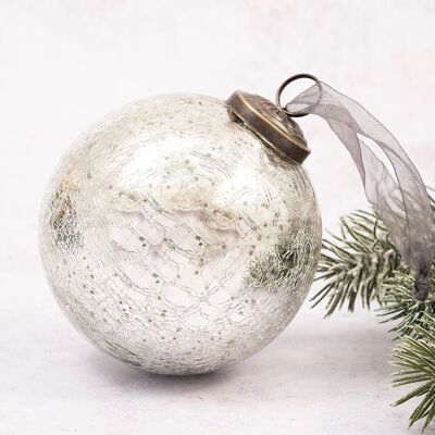 4" Silver Crackle Glass Christmas Bauble