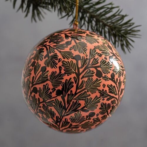 4" Black & Pink Floral Paper Mache Christmas Hanging Bauble