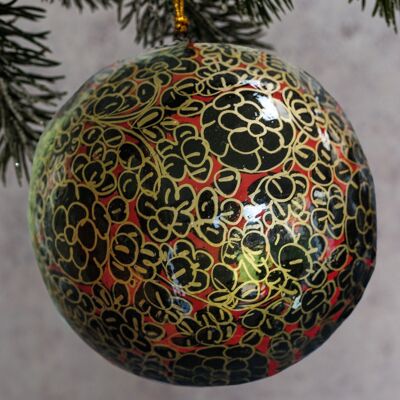 4" Red & Black Floral Paper Mache Christmas Hanging Bauble