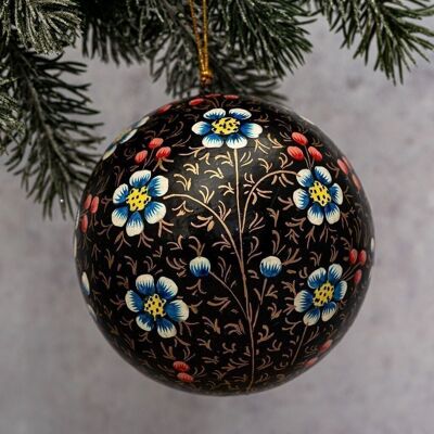 4" Black Indian Floral Paper Mache Christmas Hanging Bauble