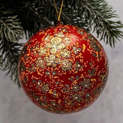 4" Red & Gold Clover Leaf Paper Mache Christmas Hanging Bauble