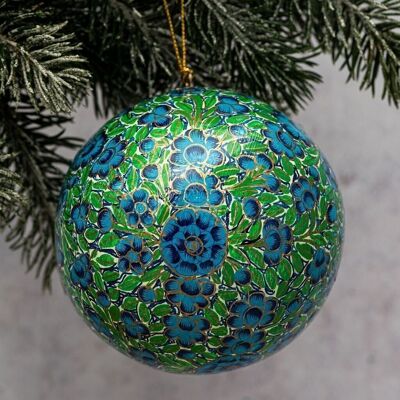 4" Turq & Green Paper Mache Floral Hanging Bauble