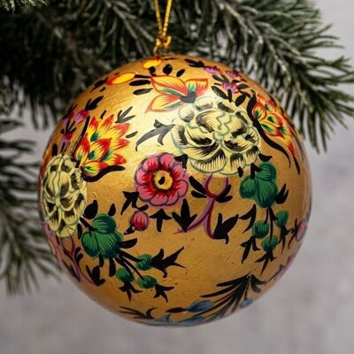 4" Gold Indian Paper Mache Floral Hanging Bauble