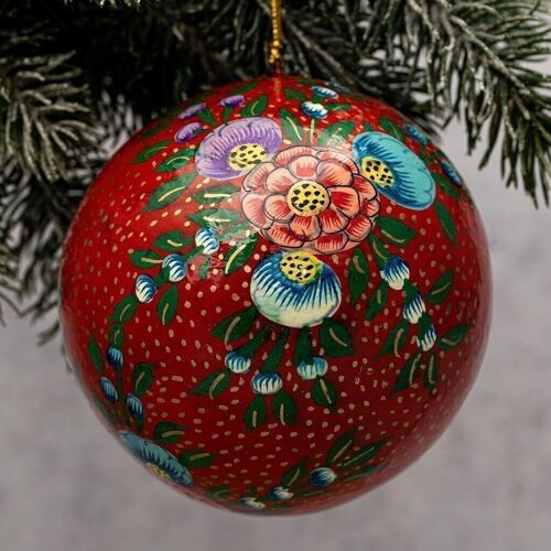 4" Red Indian Christmas Paper Mache Floral Hanging Bauble