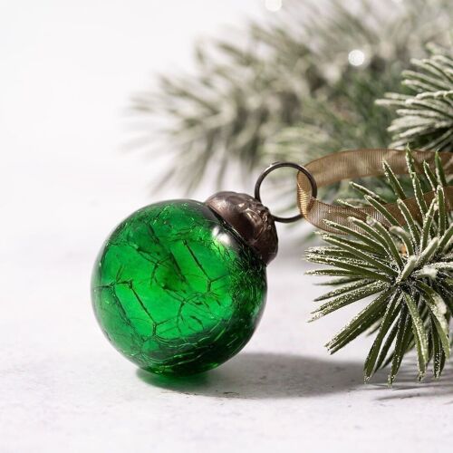 Set of 6 Small 1" Emerald Crackle Glass Christmas Decorations Baubles
