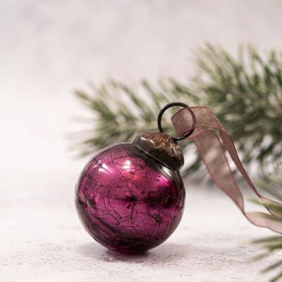 Set of 6 Small 1" Mulberry Crackle Glass Christmas Decorations Baubles
