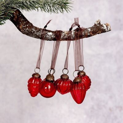 Set of 6 Small Mixed design 1" Red Luster Glass Baubles
