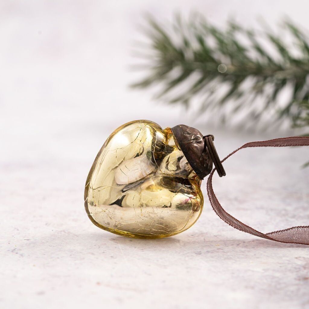 Set di 6 piccoli cuori pendenti in vetro craquelé dorato da 1 pollice