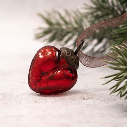 Set of 6 Small 1" Red Crackle Glass Hanging Hearts