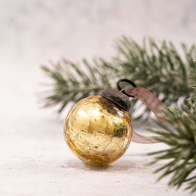 Set of 6 Small 1" Gold Crackle Glass Christmas Decorations Baubles