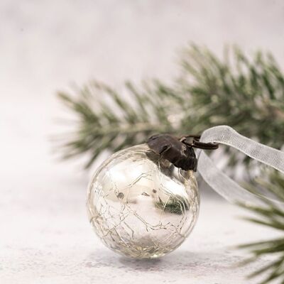 Set of 6 Small 1" Silver  Crackle Glass Christmas Decorations Baubles