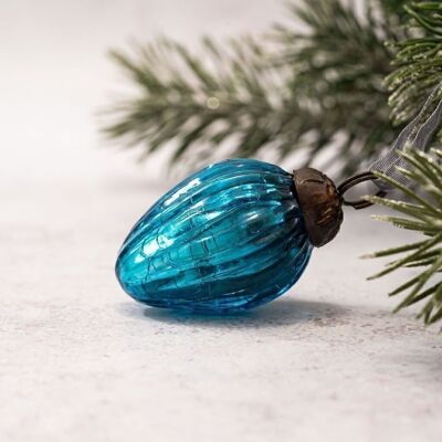Ensemble de 6 petites pommes de pin en verre turquoise 1" décorations de Noël craquelées