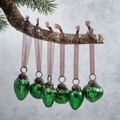 Set of 6 Small Mixed design 1" Emerald Crackle Glass Christmas Baubles