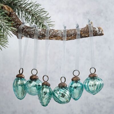 Set aus 6 kleinen Weihnachtskugeln mit gemischtem Design, 2,5 cm, mintfarbenes Crackle-Glas