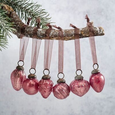 Set mit 6 kleinen, 2,5 cm großen, gemischten Weihnachtskugeln aus Glas in Mauve mit Krakeleemuster